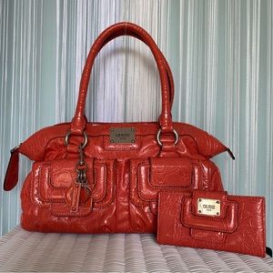 Patent Coral Guess Bag and Matching Wallet Set